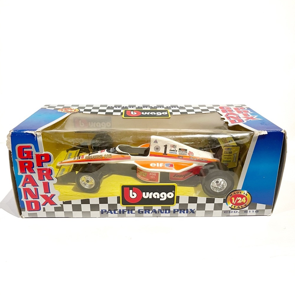 Vintage Burago Diecast Pacific Grand Prix Race Car Orange 1/24 Elf Made in Italy